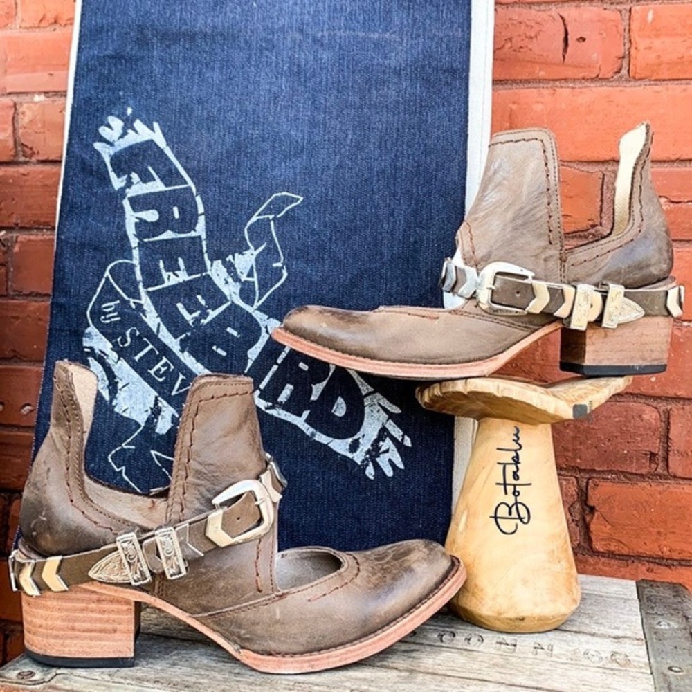 Freebird by Steven Blade Slip-On Cutout Silver Strappy Western Ankle Bootie